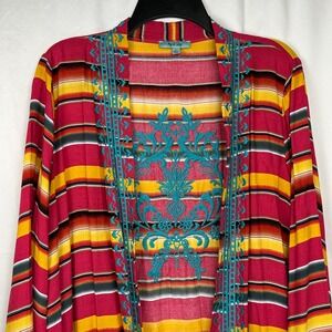 April‎ Sky Southwestern Boho Embroidered Serape Stripe Open Front Kimono Duster